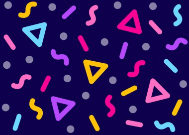 Konfeti, geometrik yuvarlak elementlerle kusursuz desen oluşturuyor. Memphis 'in kusursuz konfeti deseni. Parlak ve renkli, 90 'lar tarzı. Cesur vektör arkaplanı