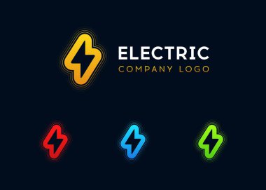 Elektrik dalga vektör logosu tasarımı. Şimşek simgesi çok az. Elektrik tabelası tasarımı. Farklı renklerde güç simgesi. Enerji vektör logo şablonu