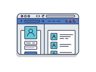 Açık sosyal ağ web sayfası düz çizgi biçiminde internet tarayıcı penceresi. Beyaz arkaplanda izole edilmiş vektör çizgisi nesnesi