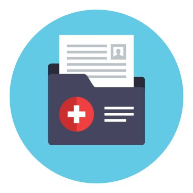 Hasta geçmişi olan bir tıbbi dosya. Hasta Dosyası simgesi. Tıbbi rapor sembolü. Analiz, Teşhis veya Reçete işareti kavramı. Klinik kayıt simgesi. Düz biçimli vektör illüstrasyonu
