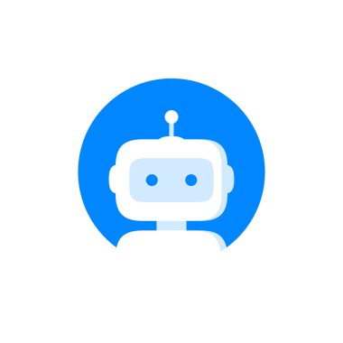 Robot logo simgesi. Robot tabela tasarımı. Chatbot sembolü konsepti. Ses destek robotu. Çevrimiçi destek robotu. Modern düz çizgi film karakteri çizimi. Beyaz arkaplanda izole