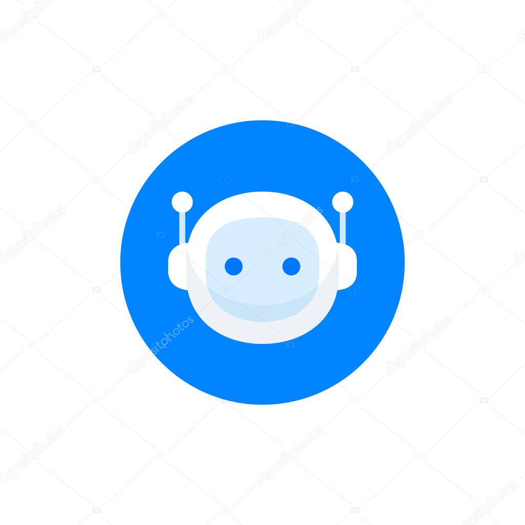 Robot head icon in circle. Chatbot sign design. Voice support service bot. Online support bot. Modern flat style cartoon character illustration isolated on white