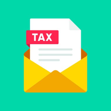 Vergi posta ikonu. Vergi dosyasıyla birlikte zarf. Fatura belgesiyle birlikte e-posta iletisi alındı. Vergi belgesi e- posta eklentisi. Kağıt banka posta belgesi simgesi. Vektör illüstrasyonu