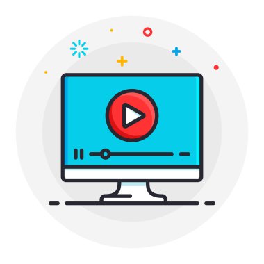 Video düz çizgi simgesi konsepti. Bilgisayar doğrusal sembolü üzerine video eğitimi. Masaüstünde video oynatıcı var. Simge konsepti giy. Düz çizgi çizimi. Çevrimiçi eğitim kavramı. Vektör illüstrasyonu