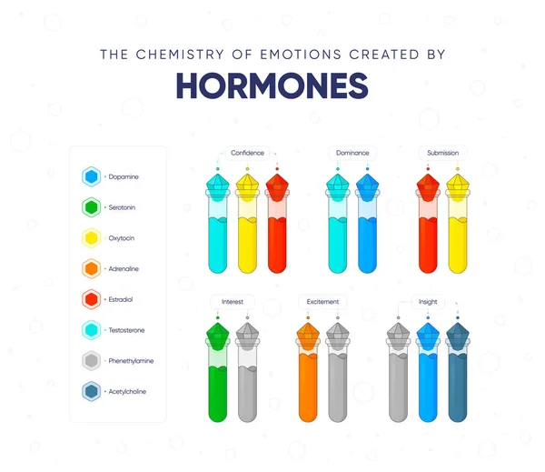 stock vector The chemistry of emotions created by hormones. Dependence of the state and mood of the person on hormonal background. Names of hormones and medical flasks filled with hormones. Vector illustration