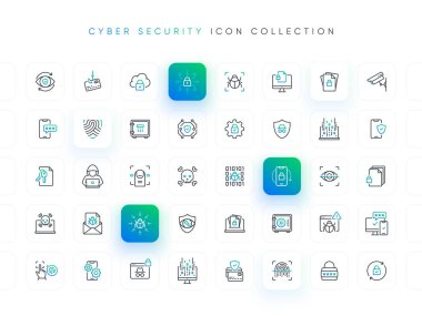 Siber Güvenlik Simgesi Koleksiyonu. İnternet Güvenlik ve Koruma 'nın vektör çizgisi simgeleri. Yaratıcı tasarım. Düzenlenebilir vuruş