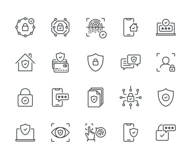 Güvenlik Hat Simgesi Ayarlandı. Siber Kilit, Ödeme Koruma, Gizli Sohbet, Belge Güvenliği, Parmak izi ve daha fazlası gibi ikonlar içeriyor. Düzenlenebilir Vuruş. Piksel Mükemmel