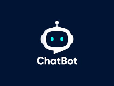 Sohbet robotu logosu tasarımı. Sanal akıllı asistan robot simgesi. Konuşma baloncuklu robot kafası. Müşteri destek servisi Chat Bot. Vektör illüstrasyonu