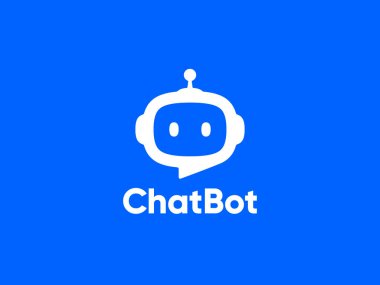 Sohbet robotu logosu tasarımı. Sanal akıllı asistan robot simgesi. Konuşma baloncuklu robot kafası. Müşteri destek servisi Chat Bot. Vektör illüstrasyonu