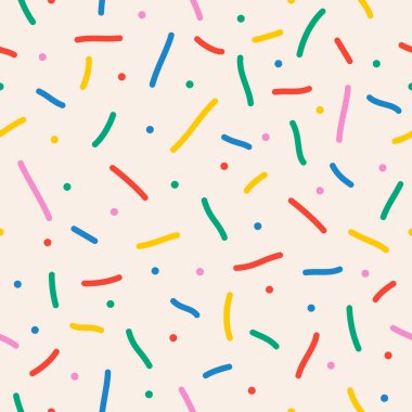 Eğlenceli renkli çizgiler, kusursuz desen seti. Sevimli, çocuksu el yazısı koleksiyonu. Yaratıcı çok renkli arkaplan. Basit konfeti parti dokusu. Vektör illüstrasyonu