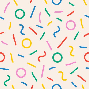 Eğlenceli renkli çizgiler, kusursuz desen seti. Sevimli, çocuksu el yazısı koleksiyonu. Yaratıcı çok renkli arkaplan. Basit konfeti parti dokusu. Vektör illüstrasyonu