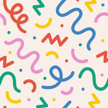 Eğlenceli renkli çizgiler, kusursuz desen seti. Sevimli, çocuksu el yazısı koleksiyonu. Yaratıcı çok renkli arkaplan. Basit konfeti parti dokusu. Vektör illüstrasyonu