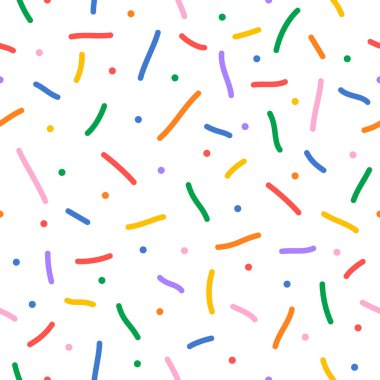 Konfeti vektör deseni. Asgari çizgi şekli soyut arkaplan. Geometrik grafik düz stil çizimi. Çocuk doğum günü partisi geçmişini kutluyor. Komik çocuksu vektör dekorasyonu