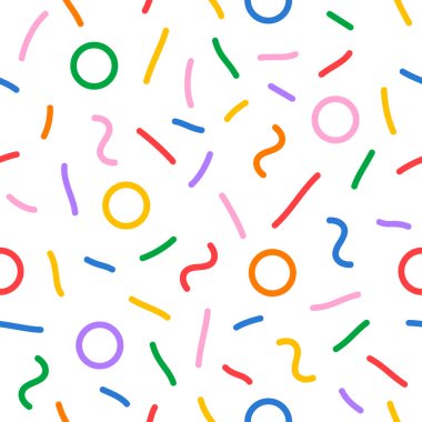 Konfeti vektör deseni. Asgari çizgi şekli soyut arkaplan. Geometrik grafik düz stil çizimi. Çocuk doğum günü partisi geçmişini kutluyor. Komik çocuksu vektör dekorasyonu