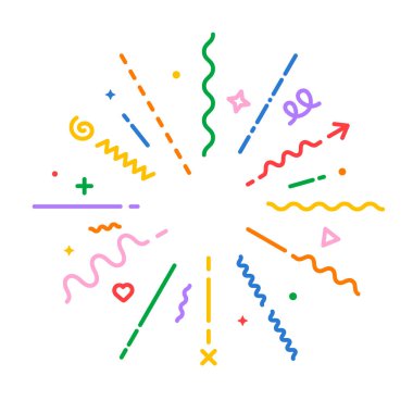 Konfeti patlaması vektör çizgisi simgesi. Modern geometrik yıldız patlaması. Renkli düz stil radyal konfeti beyaz arka planda patladı. Vektör illüstrasyonu