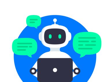 Chatbot konsepti. Sohbet robotuyla çevrimiçi iletişim. Robot, müşteri sorularını dizüstü bilgisayarın arkasında cevaplıyor. Yapay zeka robot müşteri destek asistanı. Vektör illüstrasyonu
