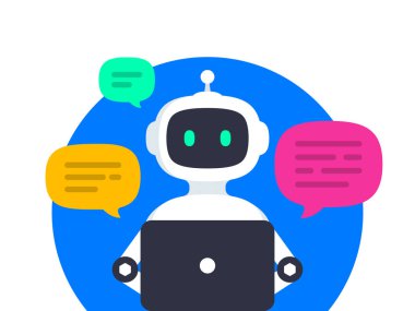 Chatbot konsepti. Sohbet robotuyla çevrimiçi iletişim. Robot, müşteri sorularını dizüstü bilgisayarın arkasında cevaplıyor. Yapay zeka robot müşteri destek asistanı. Vektör illüstrasyonu