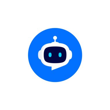 Beyaz arka planda mavi daireli konuşma baloncuğu olan robot kafası. Sohbet robotu logosu tasarımı. Konuşma baloncuklu sevimli robot ikonu. Destek robotu. Vektör illüstrasyonu