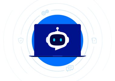 Dizüstü bilgisayarında konuşma balonu olan robot kafası. Chatbot konsepti. Dizüstü bilgisayardaki Chat Bot 'la çevrimiçi iletişim. Yapay müşteri destek asistanı. Vektör illüstrasyonu