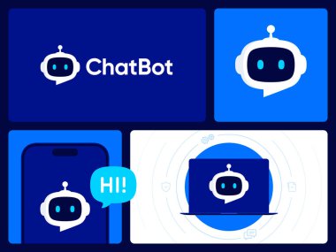 ChatBot logo tasarımı. Yapay Zeka iş kimliği konsepti. Sanal akıllı asistan robot simgesi. Konuşma baloncuklu robot kafası. Müşteri destek servisi Chat Bot. Vektör illüstrasyonu