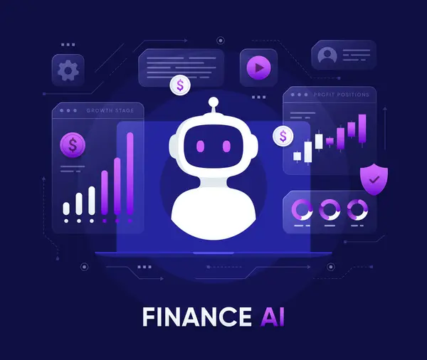 stock vector Finance service bot. Robot with charts and bank technologies. Artificial intelligence in financial technologies. Vector illustration