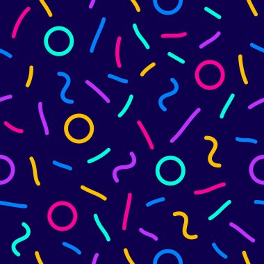 Konfeti kusursuz vektör deseni ayarlandı. Geometrik çocuk tarzı arka plan ve farklı geometrik şekiller. Memphis 'in kusursuz konfeti deseni. Parlak ve renkli, 90 'lar tarzı. Vektör arkaplanı