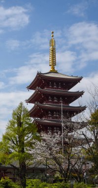 The view of  five-storey pagoda at the Sensoji Kannon temple in Asakusa, Tokyo, Japan