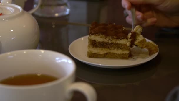 stock video A girl in a cafe breaks off a piece of tiramisu with a fork. High quality FullHD footage