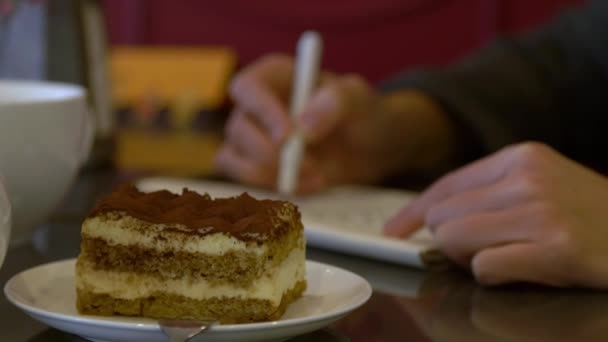 Artystka Rysuje Kawiarni Pierwszym Planie Kawałek Tiramisu Wysokiej Jakości Materiał — Wideo stockowe