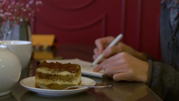 Meisje Kunstenaar Trekt Een Cafe Voorgrond Een Stuk Van Tiramisu — Stockvideo
