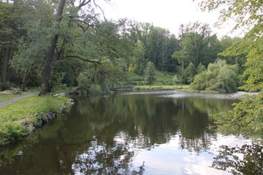 Çek Cumhuriyeti 'nin Frydlant kalesinin bahçesinde bir gölet.