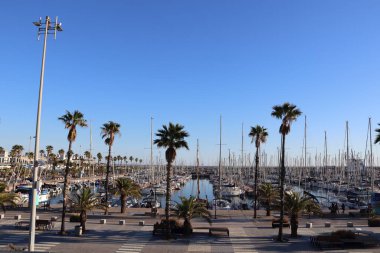 İspanya 'nın Barselona limanında bir sürü gemi var.