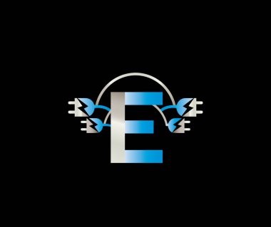 E harfli elektrik logosu. Elektronik enerji yıldırım tasarımı.