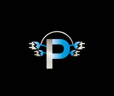P harfi elektrik logosu. Elektronik enerji yıldırım tasarımı.