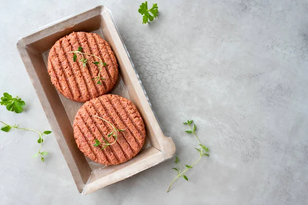 Burger Daging Mentah Berbasis Tanaman Dalam Paket Daging Palsu Latar — Stok Foto