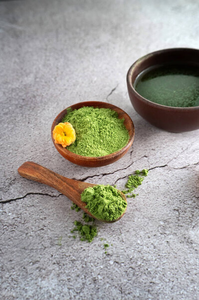 Bowl Matcha Powder Young Barley Grass Chlorella Spirulina Healthy Drink Royalty Free Stock Photos