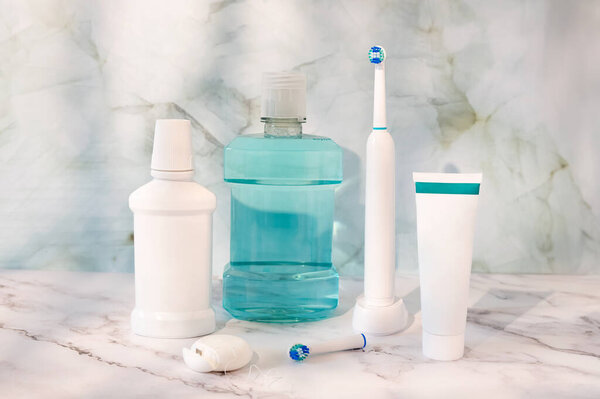 Electric Toothbrush Floss Toothpaste Tube Blue Mouthwash Dental Hygiene Oral Royalty Free Stock Images