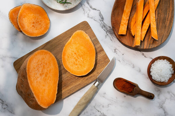 Sliced Raw Sweet Potato Yam Rests Wooden Cutting Board Light Stock Image