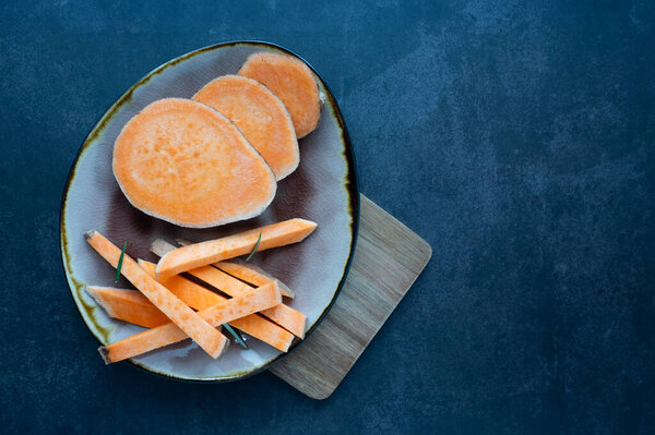 Plate Raw Sliced Sweet Potato Batatas Set Dark Background Highlighting Royalty Free Stock Images