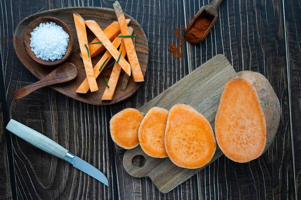 Sweet Potato Raw Batatas Cutting Board Knife Wooden Background Top Stock Picture