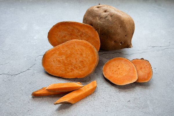 Sweet Potato Yam Roots Both Whole Sliced Rest Light Surface Stock Image