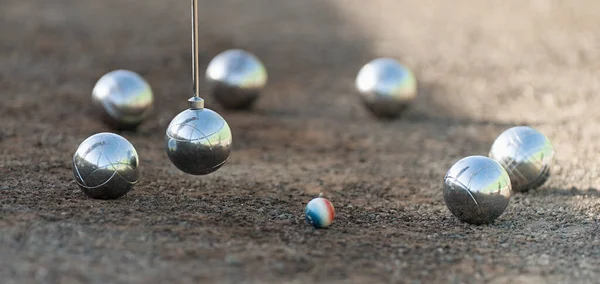 Magnetic Pick Tool Petanque Petanque Balls Boules Bowls Closeup Sand — Stock Photo, Image