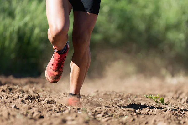 건강을 옥외에서 운동하는 트레일 선수들은 달리는 신발을 작동시키는 막는다 — 스톡 사진