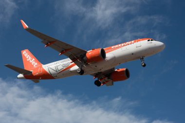 Tenerife, İspanya 3 Ocak 2024. Airbus A320-251N Easy Jet Airlines mavi gökyüzünde uçuyor. Tenerife Havaalanına iniyor.