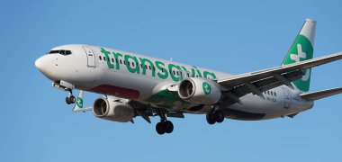 Tenerife, İspanya 17 Ocak 2024. Boeing 737-8K2 Transavia Havayolları mavi gökyüzünde uçuyor. Tenerife Havaalanına iniyor.