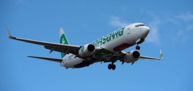 Tenerife, İspanya 31 Mart 2024. Boeing 737-84P TAP Transavia Havayolları mavi gökyüzünde uçuyor. Tenerife Havaalanına iniyor.