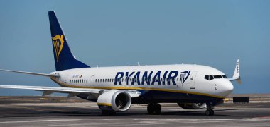 Tenerife, Spain may 4st, 2024. Ryanair Boeing 737 MAX 8-200. Image of a Ryanair Airlines plane taxiing at Tenerife clipart