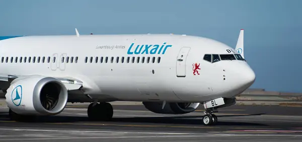 stock image Tenerife, Spain june 23st, 2024. Luxair Boeing 737 MAX 8. Image of a Luxair Airlines plane taxiing at Tenerife