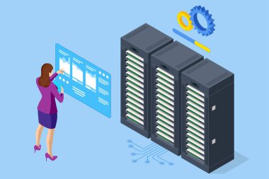 Isometric Veri Merkezi Ekipmanı. Modern Telekomünikasyon, Yapay Zeka, Süper Bilgisayar Teknolojisi Konsepti. Bilgisayar Depolama