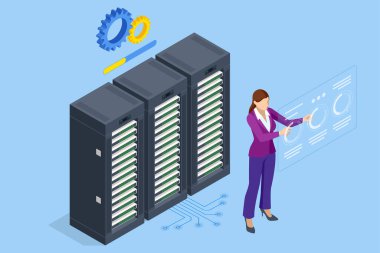 Isometric Veri Merkezi Ekipmanı. Modern Telekomünikasyon, Yapay Zeka, Süper Bilgisayar Teknolojisi Konsepti. Bilgisayar Depolama